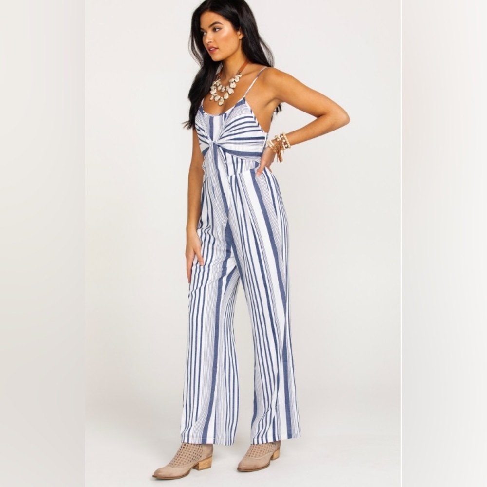 Wrangler Striped Jumpsuit Romper White Blue Lightweight Spaghetti Straps XL - Picture 2 of 12